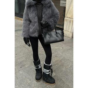 Chaqueta Corta de Piel Sintética Gris, Chaqueta de Lana y Seda de Un Solo Pecho con Relleno de Algodón, Decoración de Botones y Estampado - Product Image 4