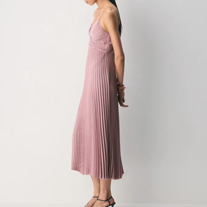 Robe longue plissée rose à bretelles fines, imprimé floral/léopard, taille haute, en PU, élégante pour soirée, sur mesure - Product Image 2