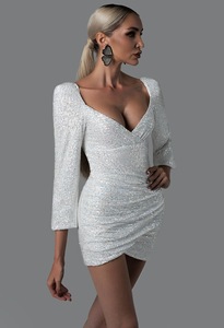 Nuevo <span class=keywords><strong>Vestido</strong></span> <span class=keywords><strong>Corto</strong></span> de Noche con Cintura Imperio 2026, Escote en V, Espalda Descubierta, Falda Ajustada, Asimétrico, con Lentejuelas, Plisado, Antiestático - Product Image 2