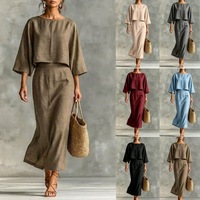 Ensemble deux pièces élégant pour femme : haut court ample à col tissé uni et manches 3/4, et jupe longue mi-cuisse taille haute – Idéal pour le quotidien (ODM/OEM)