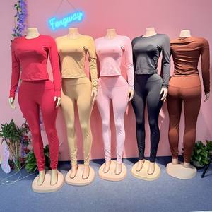 2026 Neues Frühling-Herbst Casual 2-Teiliges Set für Damen Outfit Einfarbig Rundhals Langarm Crop Top Passende Leggings Hose - Product Image 2