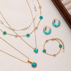 Ensemble de bijoux plaqué or 18 carats, boucles d'oreilles demi-rondes en forme de goutte d'huile européennes, colliers en turquoise bleue, perles d'eau douce et pierres œil de tigre - Product Image 6