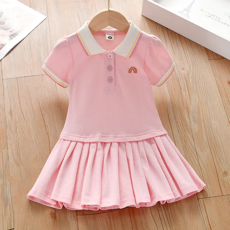 New Design Kids Summer Spring 100%cotton Preppy Style Girl Dress Rainbow Embroidery Kids Polo Dress