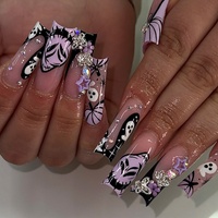 Lot de 24 faux ongles rectangulaires à presser, motifs crâne et citrouille, avec paillettes roses et strass appliqués à la main, style INS, en stock