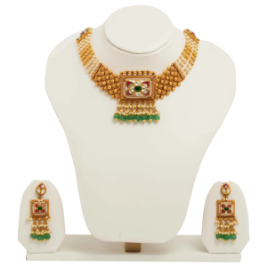 Gold Kundan Choker Necklace <b>Set</b> with Green <b>Beads</b> Pearl Layers & Matching Earrings Traditional Bridal Jewelry - Product Image 3