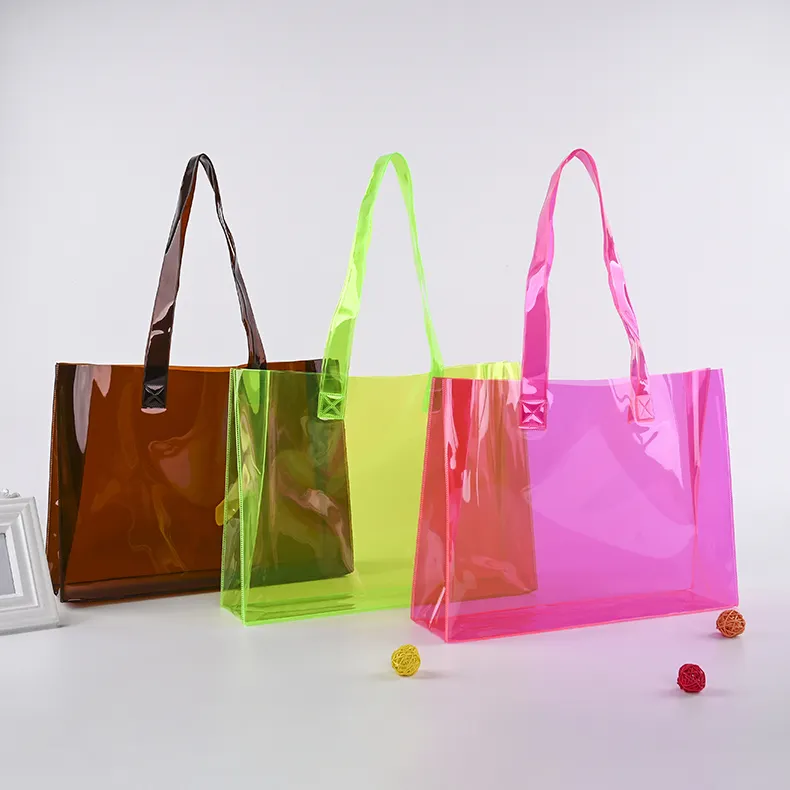 custom low MOQ fashion pvc women's tote bags clear transparent and colored material accept logo customized