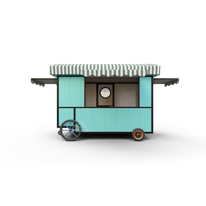 Chariot de café mobile bleu rafraîchissant d'inspiration vintage avec fenêtres au plafond et auvent classique, conçu pour les magasins de crème glacée et de café - Product Image 2