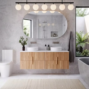 Mueble de Baño Vertical Estilo Japandi con Ranuras, Gabinete de Baño Colgante de Roble Natural con <span class=keywords><strong>Cajones</strong></span> de Almacenamiento Divididos <span class=keywords><strong>para</strong></span> Proyectos de Villas - Product Image 2