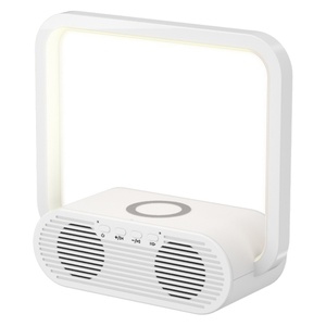 Chargeur sans fil 3-en-1, haut-parleur BT 5.0, lampe de bureau LED avec base E26, boîte à musique pour table de chevet - Abat-jour carré, alimentation CC - Product Image 1
