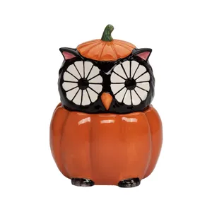 Pot de bonbons en céramique avec capacité personnalisable, accessoire de cuisine orange blanc Halloween citrouille hibou - Product Image 1
