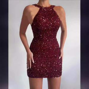 Vestido de noche ajustado con cuello halter y lentejuelas, cintura media, con capa transparente, estilo europeo americano - Product Image 3
