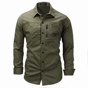 Camisa masculina de algodão, para caminhada, de manga longa, com bolso zíper, para atividades ao ar livre, de algodão