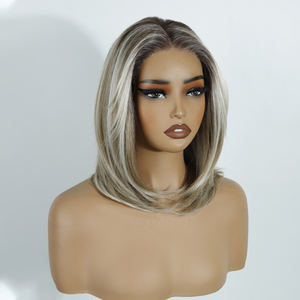 Pelo corto 13x4 HD, pelucas frontales de encaje sin pegamento, fibra resistente al calor, sin llama, degradado, Color Rubio, pelo sintético, peluca con malla frontal - Product Image 2