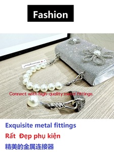 New <b>Small</b> Single Strap Pearl Polyester Cover Closure <b>Handbag</b> Rhinestone Floral Pattern for Silver Crossbody Dinner Use Tanjing - Product Image 3