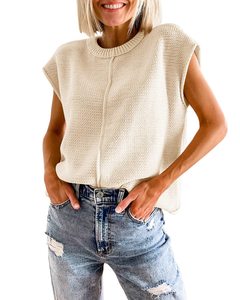 Summer New Girl's Hollowed Out Knitted Vest Striped Round Neck Sleeveless Ladies Solid Color Sweater Top - Product Image 2