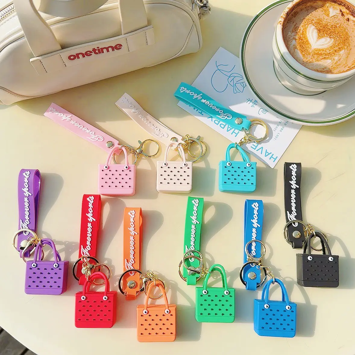 Hot sales 9 colors EVA beach hole bag Keychain fashion seaside basket PVC rubber pendant