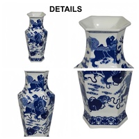 Vase de table hexagonal Art Déco en porcelaine bleue et blanche, motif Danse du Lion peint à la main, céramique chinoise exquise et durable pour la maison