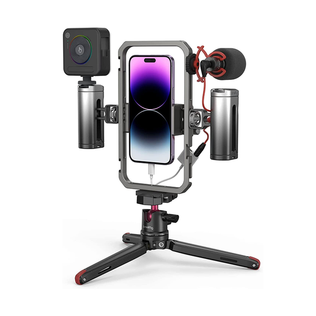 SmallRig Universal Phone Vlog Tripod Video Rig kit for IPhone 13 12 Cage with 2 Handle Remote Control Microphone LED Light