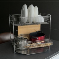 Égouttoir à vaisselle moderne haut de gamme en acier inoxydable 304 à double niveau, grande capacité, avec plateau d'égouttage automatique et porte-couverts