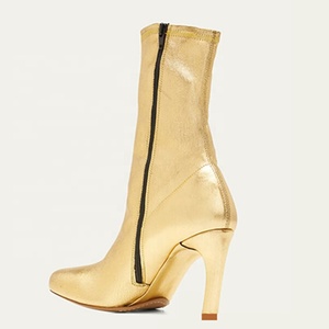 Customized Solid Gold Women's Square Toe Short <b>Boots</b> Square Toe Side Zipper Ankle Booties High Thin Heels Shoes - Product Image 5