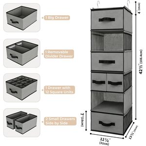 Hanging Closet Organizer <b>6</b> Shelves 5 <b>Drawers</b> Detachable Storage With Side Pockets For Bedroom Neatening Fabric Non Woven - Product Image 3