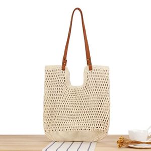 Large Capacity Casual Single Shoulder Cotton Woven Tote Bag for Women Hollow Mesh Beach Straw Handbag - Product Image 1