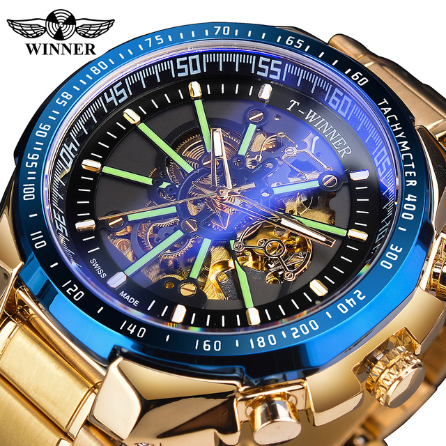 Winner Sport Automatic Skeleton Clock Watch for Men New Arrival Blue Gold Light Glass Waterproof Luminous Hand 22mm Oval