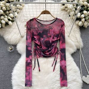 Annshine Blouse en mousseline à manches longues, coupe ajustée, col rond, avec cordon de serrage et maille tie-dye, design vintage de niche, Nouvelle collection été 2026 - Product Image 4