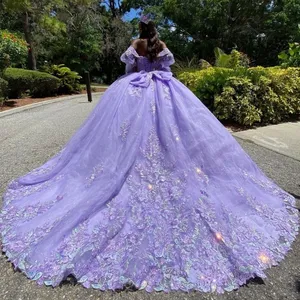 Robe de bal violette pour Quinceañera et <span class=keywords><strong>Sweet</strong></span> 16, épaules dénudées, longueur ras du sol, traîne chapelle, motif floral, pour filles de <span class=keywords><strong>15</strong></span> ans - Product Image 1