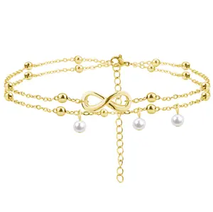 Bracelet de cheville de plage en acier inoxydable pour femmes, imperméable, plaqué or, perle, gland, 8 mots, Double couche, bijoux de pied