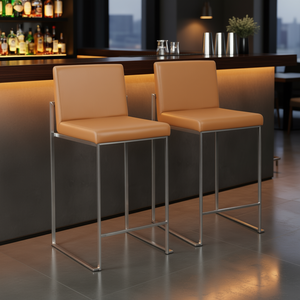 Ensemble de 2 tabourets de bar à dossier haut Fuji de 26 pouces en acier inoxydable et similicuir camel de style contemporain - Product Image 2