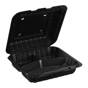 Contenants à emporter à charnières de 8 pouces, lot de 150, 3 compartiments, noir, blanc, transparent, avec fermeture frontale, 4 aérations, écologiques - Product Image 1