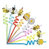 Pailles spirales réutilisables ajustables en plastique PVC et silicone, modèle Abeille, 3D, Romance, Anime, Rétro, Noël, Letterpress, Fournitures promotionnelles