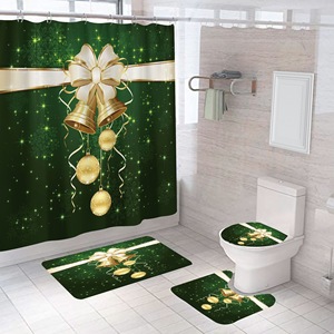 Cortina de Ducha de Poliéster con Diseño de Campanas Navideñas Verdes y Lazo, Cortina de Baño con Impresión Digital, Impermeable, Personalizada, Moderna, al por Mayor - Product Image 6