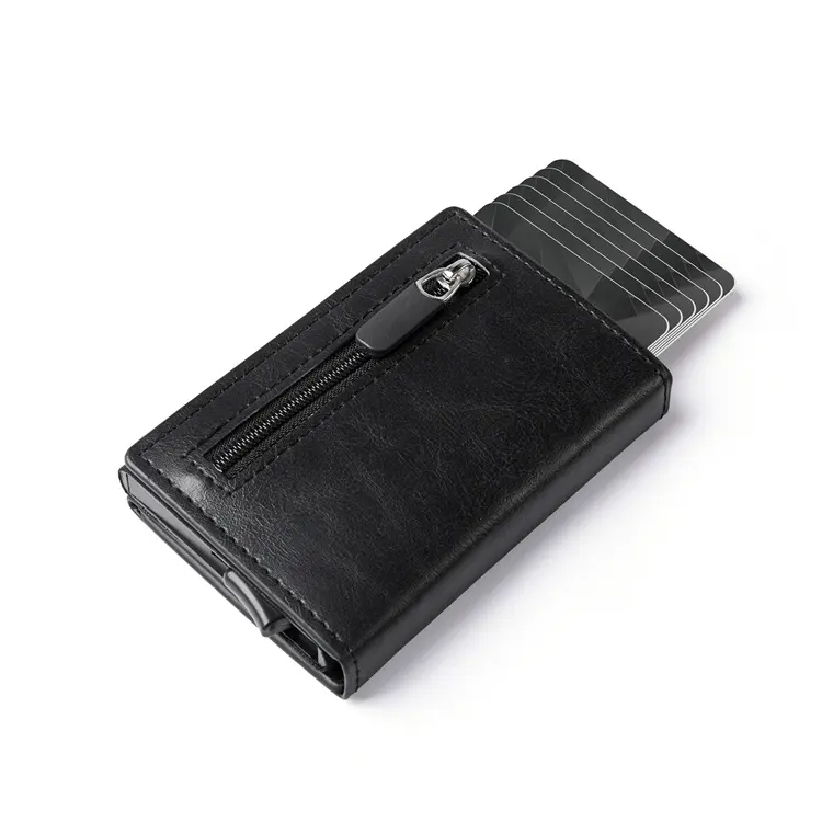 Factory Wholesale Laser Engrave Wallet Strong Magnetic Pop Up Card Holder With Zipper