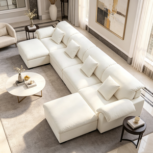 Sofá Seccional en Forma de U de Terciopelo Blanco, Sofá Modular Suave con Almacenamiento y 4 Cojines Lumbares, Pedido al por Mayor - Product Image 1