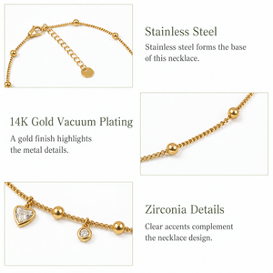 Women's Heart Charm Bead Station Necklace Stainless Steel Zircon 14K <b>Gold</b> Vacuum Plated Adjustable Chain <b>Gold</b> Silver Tone - Product Image 3