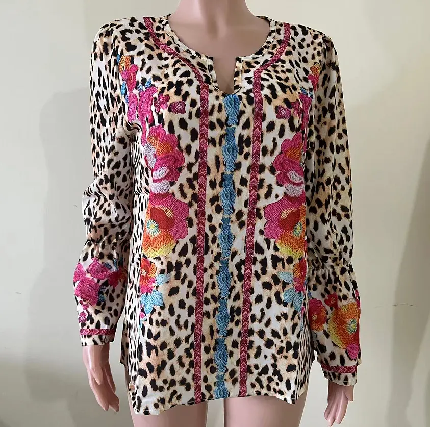 Vintage Western Ethnic Leopard Flower Printed Loose Chiffon V Neck Flared Long Sleeve Women Tops And Blouses
