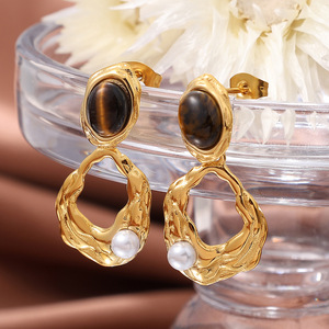 Pendientes de Oro con Ojo de Tigre, Diseño Irregular, Engaste de Bisel, para Uso Diario - Product Image 3