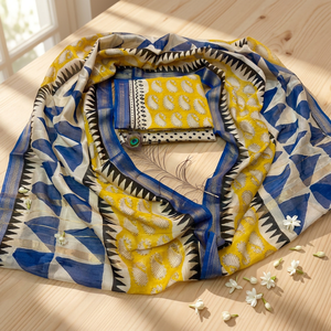 Elegante conjunto de traje Maheshwari de seda estampado a mano con dupatta de seda y pantalón de algodón cambray, ropa tradicional. - Product Image 3