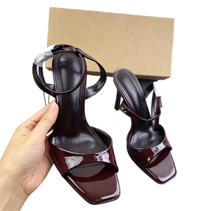 Sandalias sexys con punta abierta y correa en el tobillo, de cuero brillante color chocolate, tacones altos, <span class=keywords><strong>zapatos</strong></span> de vestir de tacón grueso tipo stiletto de lujo para mujer - Product Image 4