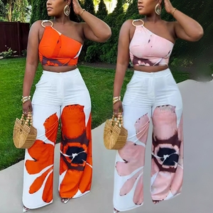 Ensemble 2 pièces J38 tendance été élégant pour <span class=keywords><strong>femme</strong></span> : haut unique sans manches à épaule unique et pantalon, style streetwear - Product Image 1