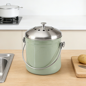 <b>Kitchen</b> Countertop Storage Bucket Minimalist Design Green Color Stainless Steel <b>Compost</b> <b>Bin</b> with Lid and Handle - Product Image 1