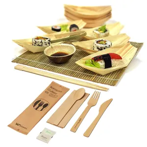 100% Compostable Disposable 170mm Bamboo Travel Cutlery Set With Napkin Custom Logo Bamboo Fork Spoon Knife Set