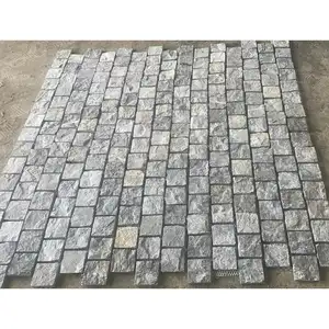 SHIHUI su misura in pietra naturale vialetto blu quarzite cubo maglia ciottoli stuoie di fogli di ciottoli per giardino Patio pavimentazione