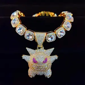 Hip Hop Full Diamond Rhinestone Necklace With Elf Pendant Chain For Wholesale
