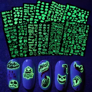 Hot sales glow in the dark nail halloween Jel luminous design decoration fluorescent manicure decals DIY christmas nail stickers