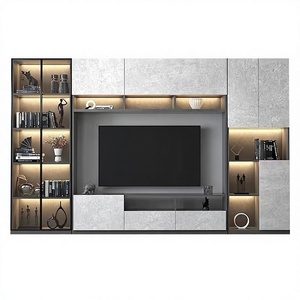 Consola <span class=keywords><strong>de</strong></span> TV Integrada en Pared Completa con Iluminación LED Cálida, Diseño sin Tiradores <span class=keywords><strong>de</strong></span> Dos Tonos con Estantes Abiertos y Cajones Inferiores - Product Image 2