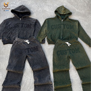 Fabricant de vêtements sur mesure : Ensembles de survêtements délavés à l'acide avec patchs brodés, pantalons évasés et sweats à capuche courts - Product Image 4