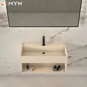 2023 Modern cream colour wall hung solid surface corner basin composite washbasin artificial stone bathroom sinks